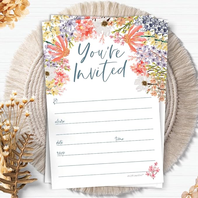 m&h invites Wildflower Invitations With Envelopes (20 Count) - Floral Boho Garden Theme For Bridal Shower, 1st Birthday, Adult Birthday, Brunch or Baby Shower