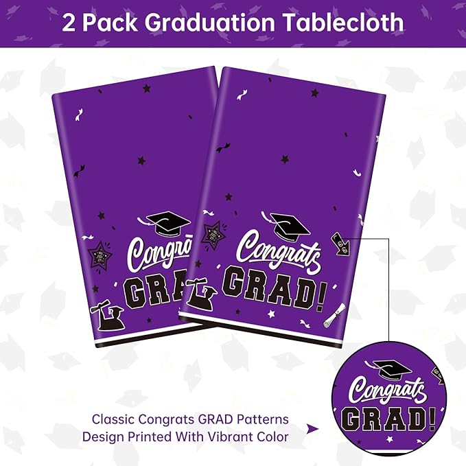 2 Pack Graduation Tablecloth - Congrats Grad Table Cloths, Plastic Disposable Rectangle Purple Class of 2026 Table Cover for Graduation Tables Decorations Party Decor Supplies Favors,108 x 54 Inch