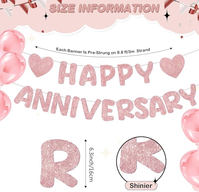 Fulmoon Happy Anniversary Banner Glitter Happy Anniversary Decorations Wedding Party Banner Romantic Decorations No DIY Pre-strung for Wedding Party Birthday Door(Rose Gold)