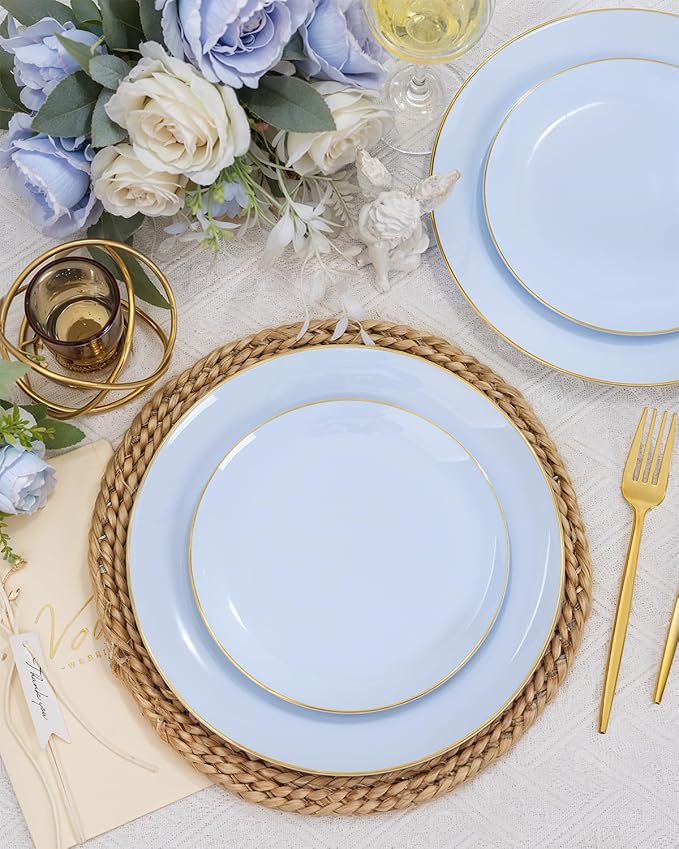 bUCLA 150PCS Blue Plastic Plates - Light Blue and Gold Disposable Include 25 Each (Dinner & Dessert) Plates, 25 Knives, 25 Forks, 25 Spoons and 25 Cups, Ideal for Party, Easter, Birthday & Wedding