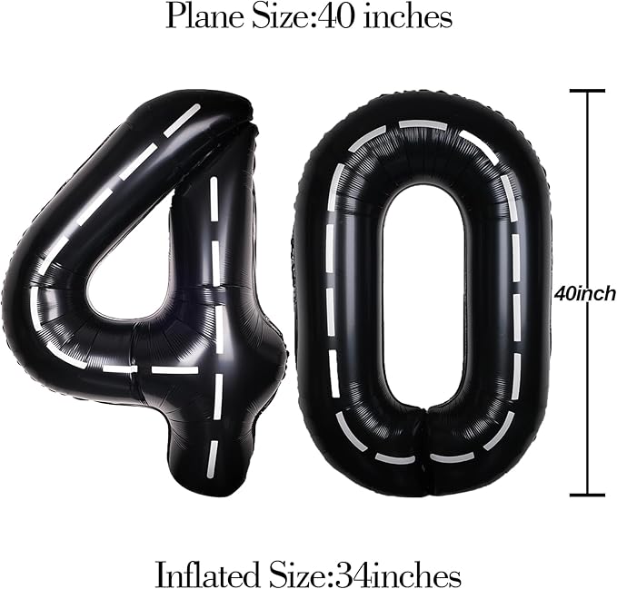 Race Car 40Inch Black 40 Balloon Number Large Helium Race Track 0-9 Giant Digital 40th Foil Mylar Big Party Number Balloons for Boy Birthday Car Theme Party Anniversary Graduation Decorations