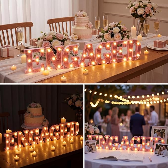Honoson 7 Pcs 6.5 Inch Engagement Party Decorations Pink Warm Engaged LED Letter Lights Sign Lights Table Decoration for Wedding Engagement Bridal Shower Engaged Party Decor