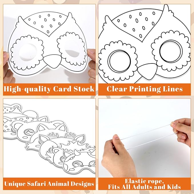 36 Set Animal Coloring Mask Jungle Animal Paper Art Craft Kid Color Your Own Panda Blank DIY Mask Masquerade Birthday Party Dress-Up Decoration Favor School Classroom Activity Game Supplies
