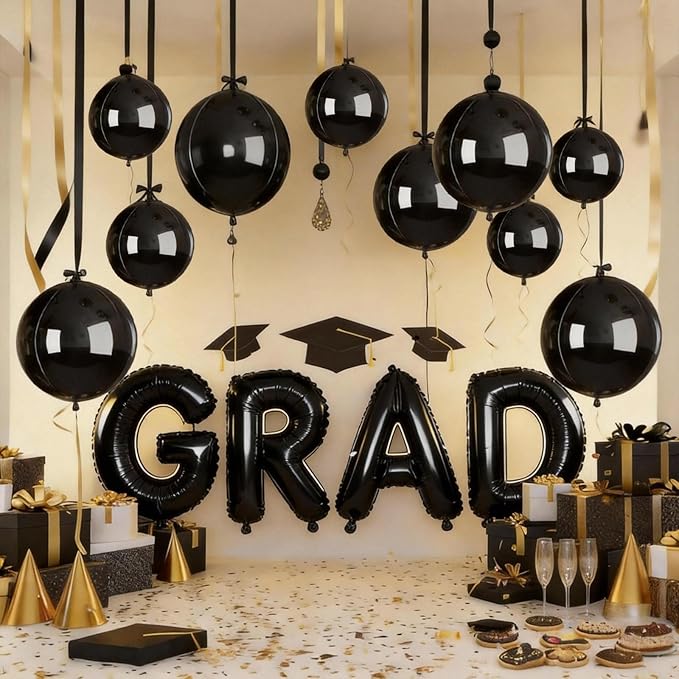 12 Pcs Black Foil Balloons, 22" 15" 10" 4D Round Ball Shape Balloons, Different Size Metallic Black Balloons for Graduation Birthday Wedding Baby Shower Prom Disco Party decorations Backdrop