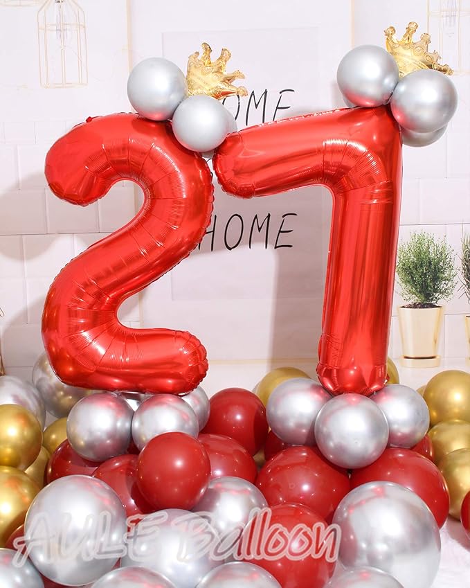 AULE 40 Inch Big Red Foil 27 Number Balloons for Women Large 27th Happy Birthday Decorations Giant Huge Helium Mylar 72 Anniversary Party Decor