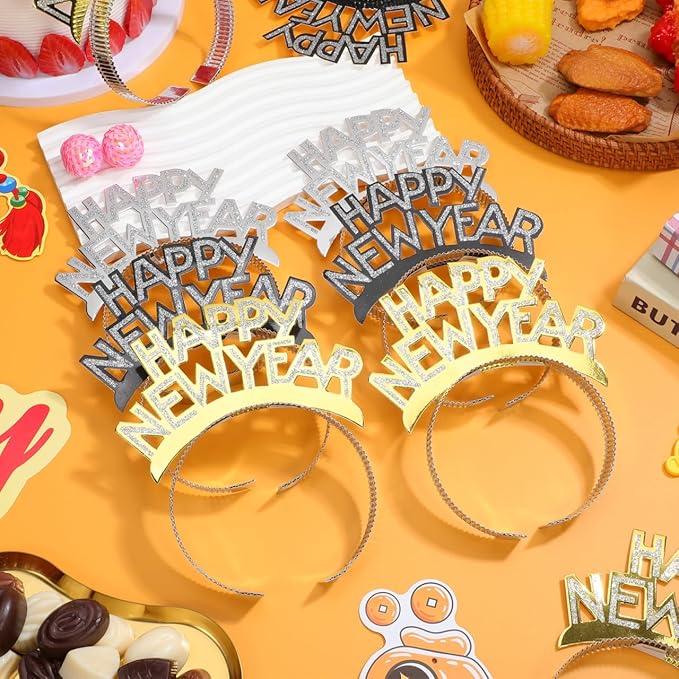 minkissy 12pcs Happy New Year Headband Tiara, Aluminum Foil Party Headbands New Years Eve Party Supplies for Christmas Holiday