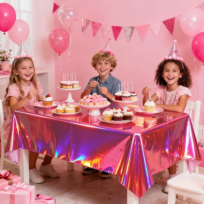 3-Pack Rose Pink Iridescent Tablecloths, Holographic Glittering Foil Disposable Tablecloths, 54 inches x 108 inches, Suitable for Birthday, Wedding, and Holiday Party Decorations