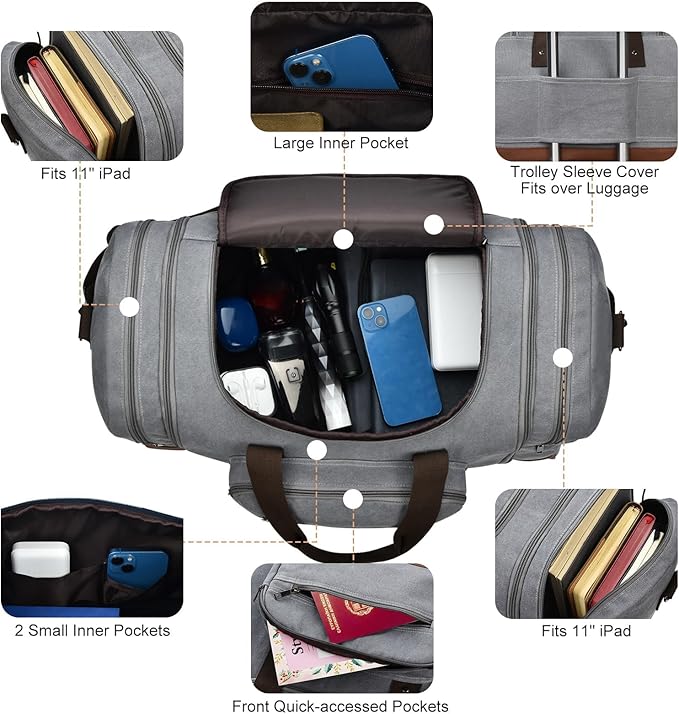 Litvyak Duffle Bag for Travel, Large 60L Canvas Travel Duffel Bags Overnight Weekend Gym Carry On Luggage Bag for Men & Women(Grey)