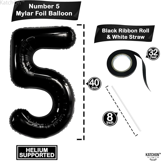 KatchOn, Black Number 5 Balloon Foil - Giant, 40 Inch | 5 Birthday Balloon Black, 5th Birthday Decorations for Boys | Black 5 Number Balloon, 5 Year Old balloon, 5th Birthday Decorations Girl