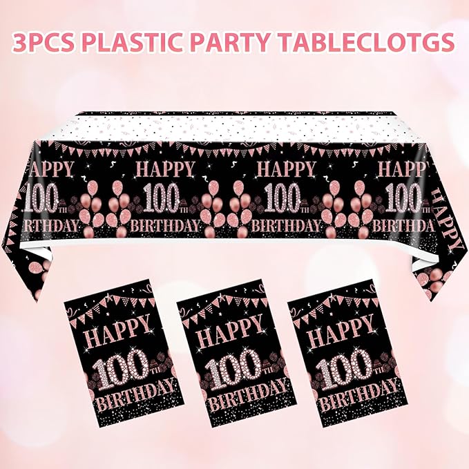 3 PCS Happy 100th Birthday Tablecloth for Women Black and Rose Gold Theme Decorations Plastic Disposable Table Decorations for Women Anniversary Celebration Party Supplies