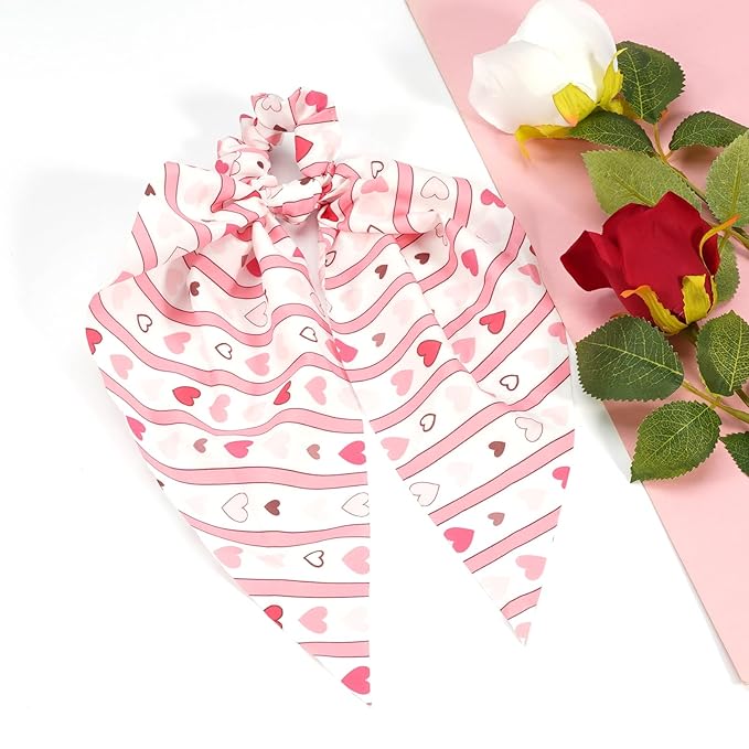 Valentine's Day Hair Ties for Woman Girls Heart Ribbon Valentines Hair Scrunchies Elastic Pink Stripe Lip Hair Tie Party Supplies Hair Accessories 2PCS