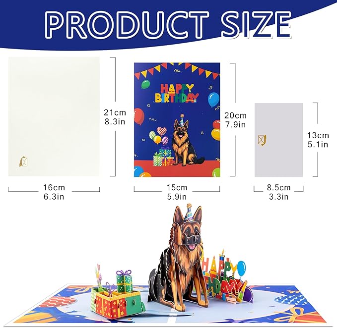 German Shepherd Dog Pop Up Happy Birthday Greeting Card, ideal love Gift for Adult and Kid with Blank Note & Envelope, Foldable Celebration for Daughter, Son, Mom, Dad, Friend, Children