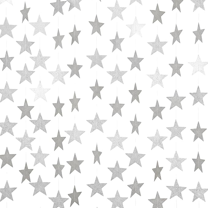 Spakon 65 Feet Glitter Star Paper Garland Banner Hanging Decoration Star Streamers Double Side 2026 Graduation Decorations for Wedding Birthday Festival New Year Party Decoration (Glitter Silver)