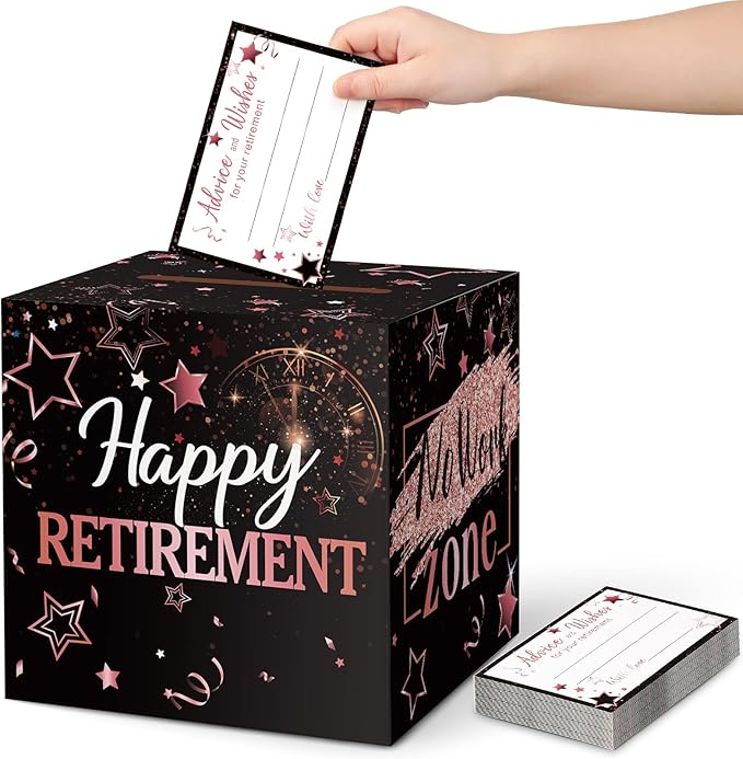 Funrous 51 Pcs Retirement Card Box Advice & Well Wishes Cards for Women Men Happy Retirement Party Decorations Going Away Party Favors(Rose Gold and Black)