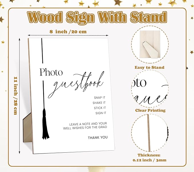 Photo Guest book Sign for Graduation, 8×11" Graduation Tassel Wooden Sign With Stand, 2025 Graduation Party Decorations Centerpieces for Tables, Congrats Grad Party Favors Supplies