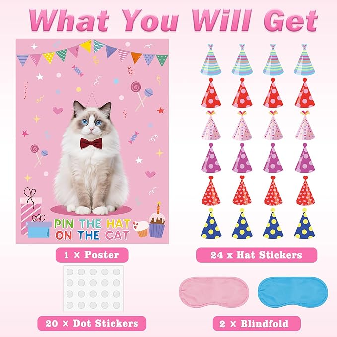 Kopokita Pin The Hat on The Cat Party Game with 24 PCS Tails and Two Eye Mask for Kids Birthday Party Carnival Fiesta Party Supplies 21'' x 28'' (Cat)