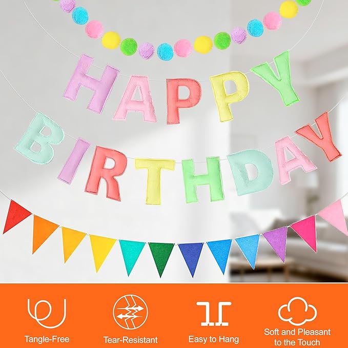 3PCS Pre-Strung 3D Macaron Pastel Felt Happy Birthday Banner Set – Pom Pom Garland & Triangle Bunting, Reusable Happy Birthday Decorations, Felt Happy Birthday Banner & Sign for Girls, Boys & Teens