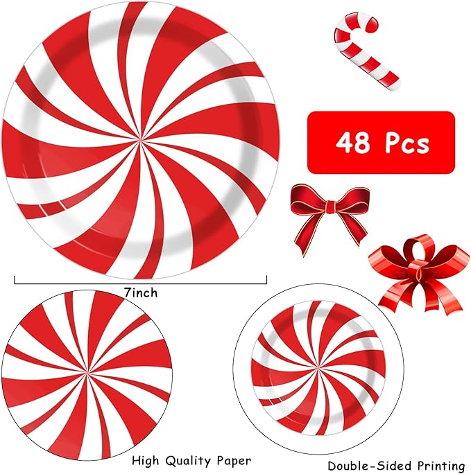 Wiooffen 48 Pcs Christmas Peppermint Candy Paper Plates Candy Mint Happy New Year Party Supplies 7" Bundle Christmas Holiday Festive Plate