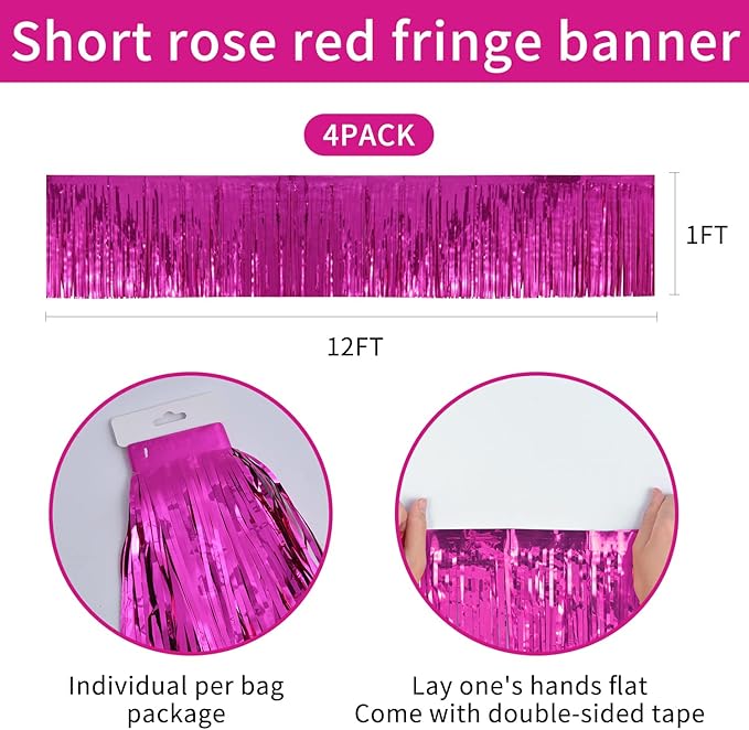 Hot Pink Birthday Decorations Tinsel Garland Parade Float Decorations for Trailer 4Pack 12FT Christmas Party Decor Ceiling Fringe Banner Pink Backdrop for Streamers Party Decorations