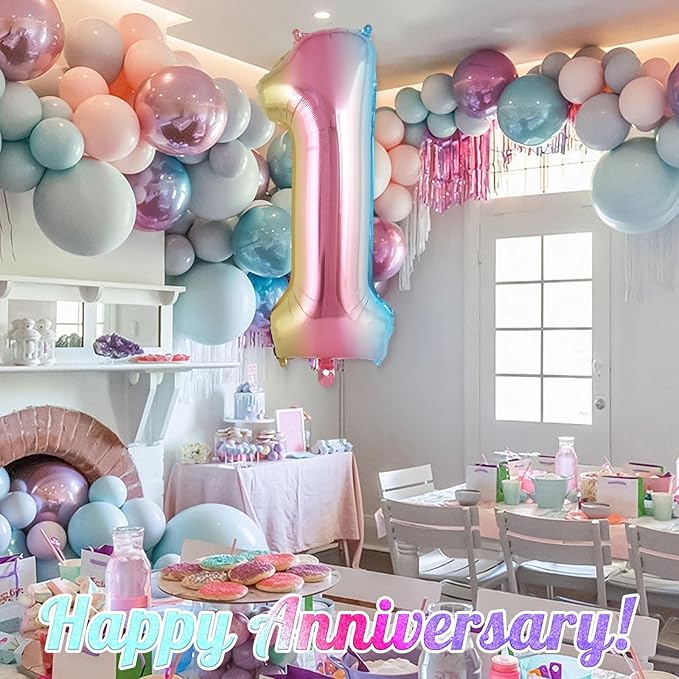 Rainbow Gradient Number 1 Balloon, 40 Inch Big Large Foil Number Balloons, Jumbo Giant Mylar Number 1 Balloons for 1 first Birthday Party Decorations Supplies Anniversary Celebration