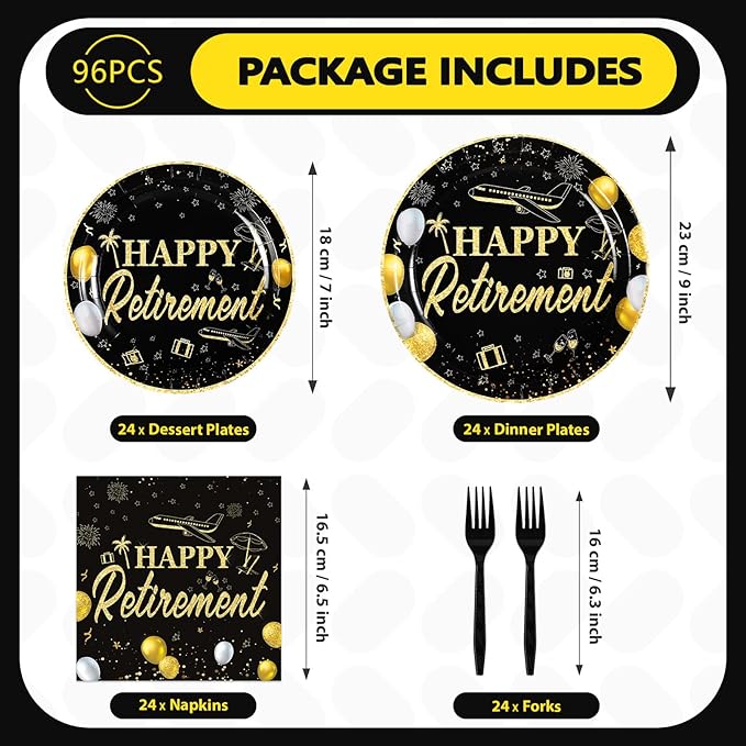 Grencian 96Pcs Happy Retirement Party Supplies Black Gold Plates and Napkins Retirement Tableware Sets Disposable Decoration for Men Birthday Farewell Graduations Going Away Party Serve 24