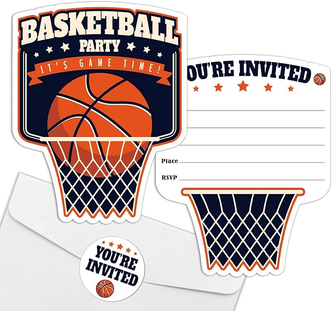 REWIDPARTY Basketball Party Invitations with Envelopes & Stickers（Set of 15） Basketball Birthday Party Shaped Fill-in Invitations Basketball Game Invite Card Basketball Party Supplies for Kids Adults