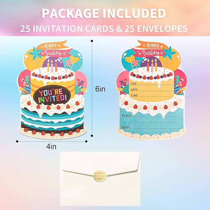 WISHGIFT 25Pcs/Set Birthday Party Cake Invitations with Envelopes, Kids Birthday Party Invitations, Perfect For Girls Boys Kids Birthday Party Celebration Decorations