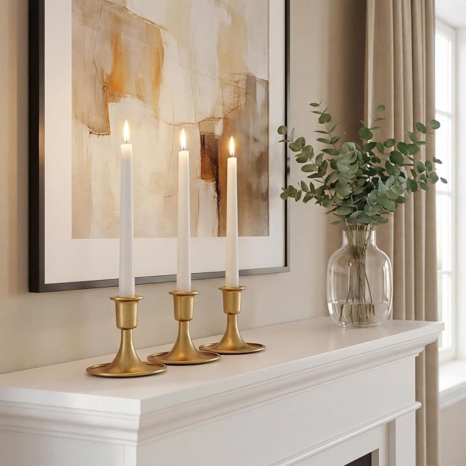 Gold Candle Holders Set of 3, Vintage Short Metal Taper Candlestick Holders Small for Dining Table, Fireplace Mantel, Wedding, Party, Anniversary, Christmas Thanksgiving Home Decor Gold-3