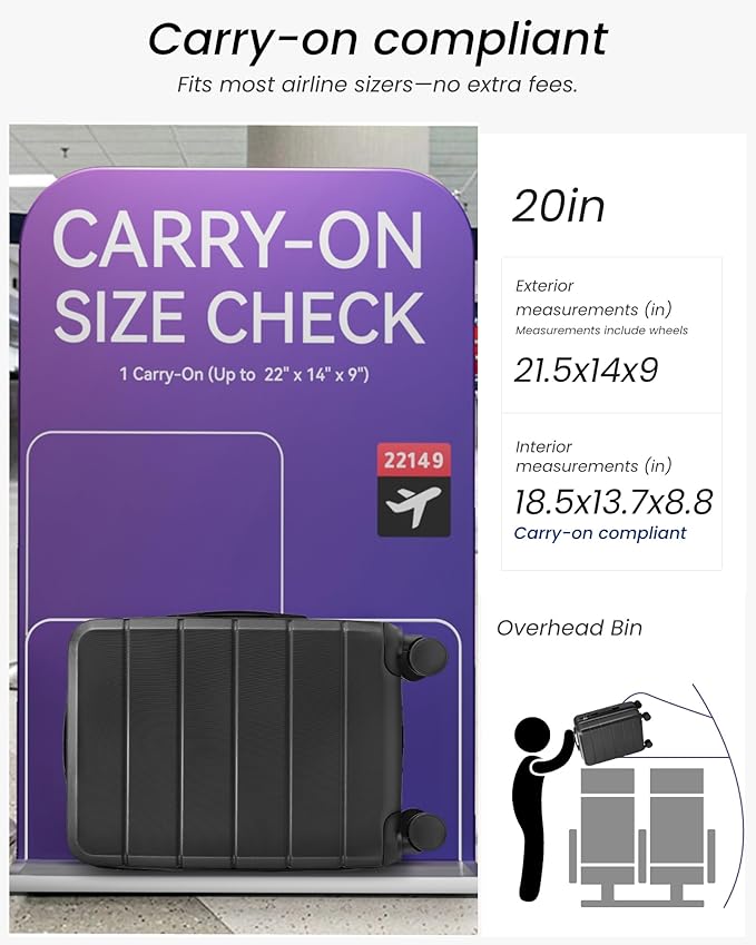 YOETEY Carry On Luggage 22x14x9 Airline Approved with Spinner Wheels, Expandable Hardside Suitcase, Black