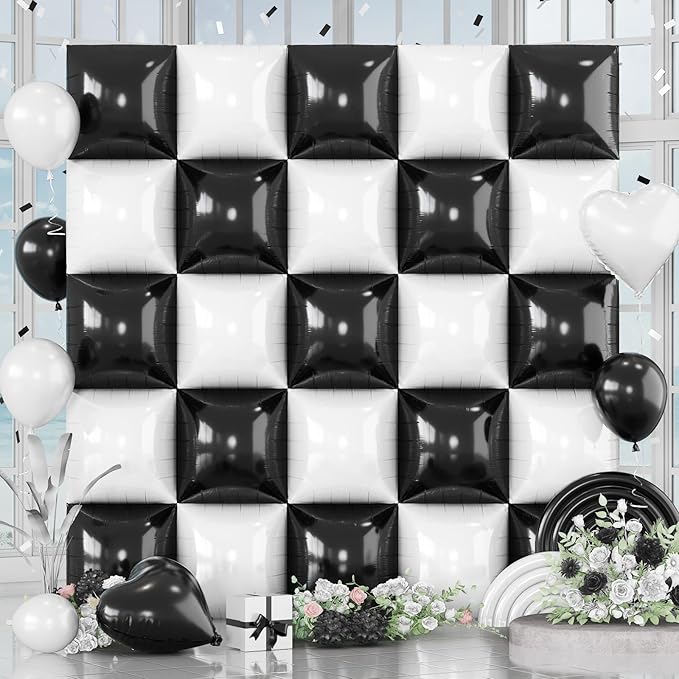 Black and White Square Foil Balloons Wall, 25PCS Double Sided Pearl White and Metallic Black Checkered Square Balloon Backdrop Wall Party Decorations for Racing Car Disco Birthdays New Year Background