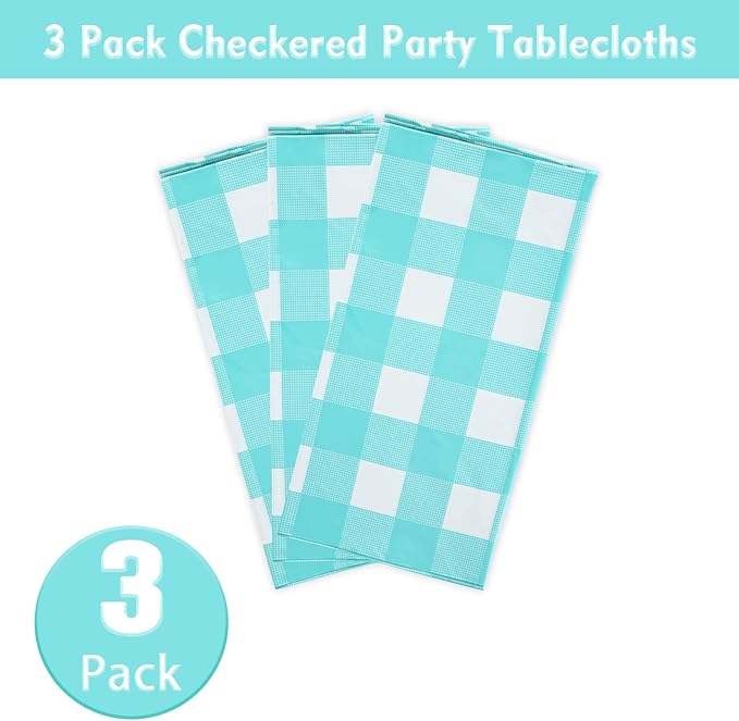 Kesfey 3 Packs Aqua and White Gingham Table Cloths 54 x 108 Inches Disposable Plastic Checkered Tablecovers Waterproof Rectangle Picnic Party Table Covers for Birthday Party Supplies Christmas