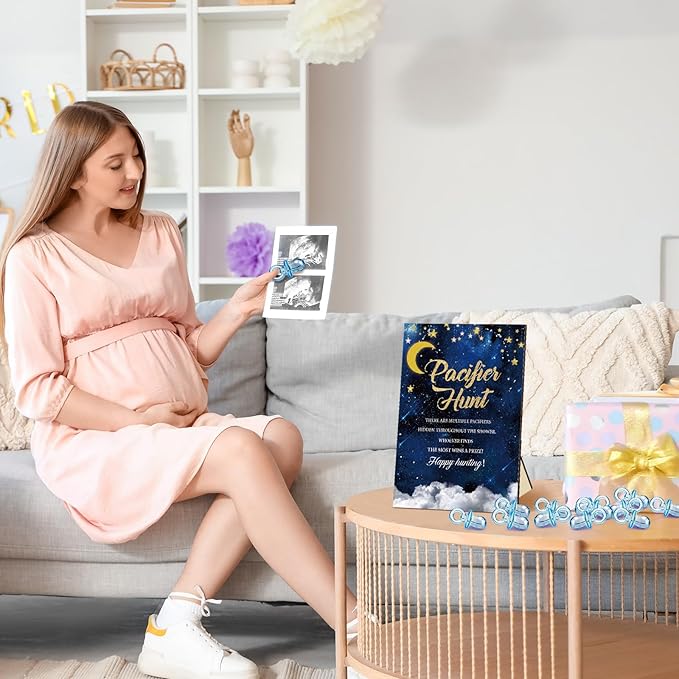 Thyle 51 Pcs Over The Moon Pacifier Hunt Baby Shower Games Include Navy Blue Starry Night Hunt Sign and Acrylic Pacifiers Moon Theme Baby Shower Game Decoration Gift Sets for Gender Reveal Party Decor