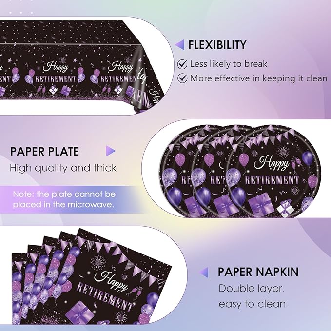 41PCS Purple Retirement Party Decorations Happy Retirement Plates and Napkins Table Cloth Disposable Tableware Kit for Women Say Goodbye Party Supplies