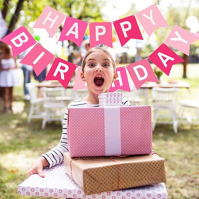 Happy Birthday Banner, Pink Colors Birthday Party Banner Assembled Garland Bunting Flags Women Men Girl Boy Party Hanging Decorations Indoor/Outdoor Supplies