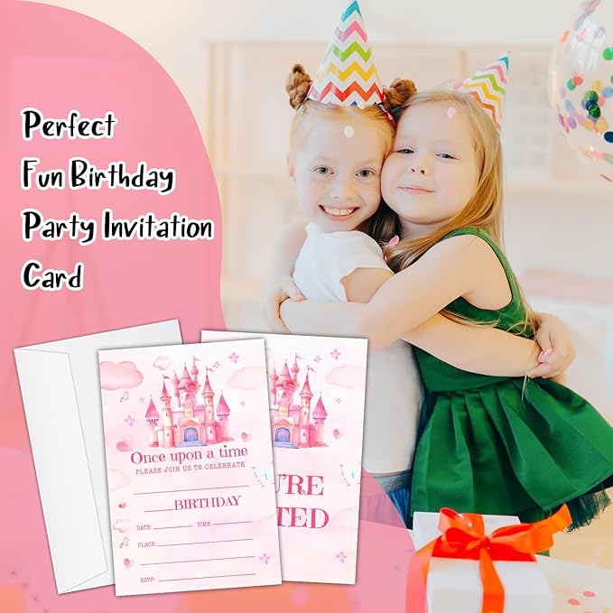 Princess Birthday Party Invitation Cards for Kids Girls, Pink Castle Birthday Celebration Party Invite Cards Supplies, 20 Double-Sided Fill In Invites With Envelopes -06