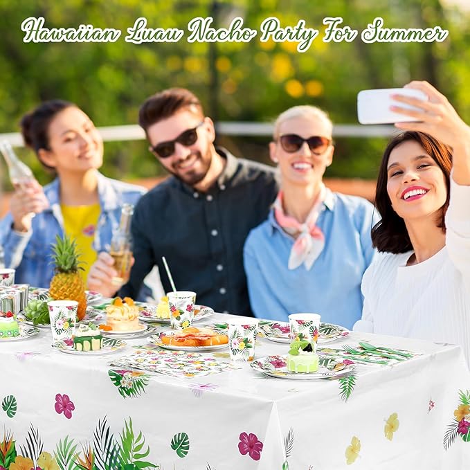 452 Pcs Hawaiian Party Decorations, Tropical Luau Paper Plates Napkins Cups Tablecloth Cutlery Straws for Summer Beach Aloha Floral Hawaiian Birthday Party Supplies Favors, Serves 50