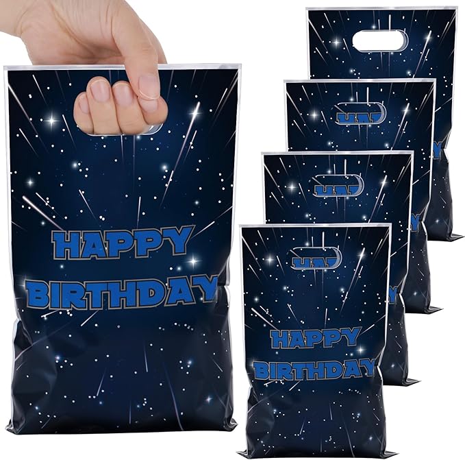 50Pcs Galaxy Star Party Favor Goodie Space Themed Star Decorations Party Supplies Gift Bag with Handles for Plastic Candy Bags for Boy Girl Kid Baby Shower