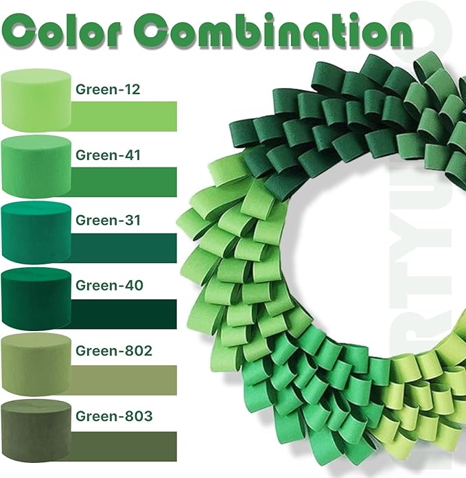 PartyWoo Sage Green Crepe Paper Streamers 4 Rolls 328 ft Pack of Hunter Sage Green Gold Sand White Crepe Paper for Jungle Safari Graduation Birthday Party Decorations (1.8 Inch x 82 Ft/Roll)