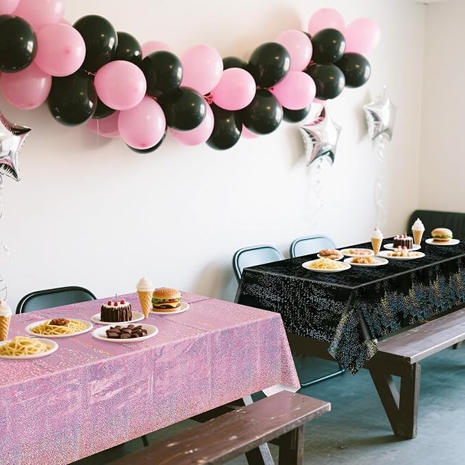 2Pcs Pink & 2Pcs Black Holographic Tablecloths Rectangular Pink and Black Iridescent Tablecloth Shimmer Metallic Table Covers for Hot Pink and Black Birthday Decorations, 54 x 108inch