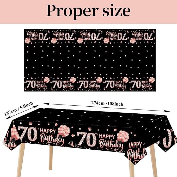 Parfundg 3 Pack 70th Birthday Tablecloth Decorations for Women, Rose Gold Happy Seventy Birthday Theme, Rectangular Plastic Disposable Table Cloth Decor, 54 x 108 Inches