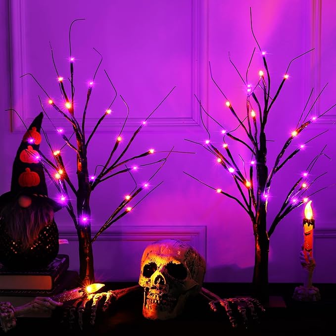 2 Pack 24 Inch Halloween Black Spooky Tree with Orange & Purple Lights, USB&Battery Operated Tabletop Halloween Black Tree with Timer for Indoor Home Holiday Party Decorations