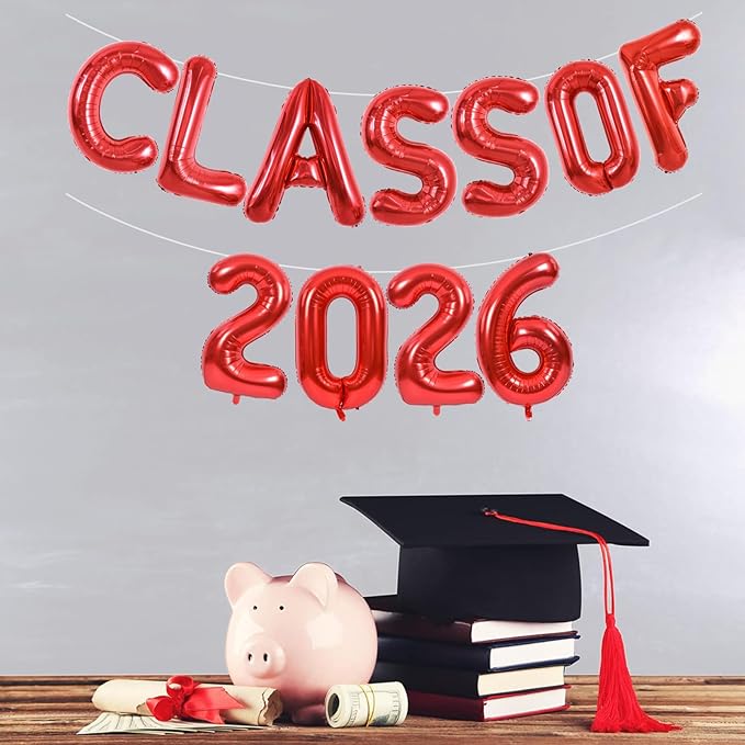 TONIFUL Red Class of 2026 Graduation Balloon Banners Foil Balloons Decorations 2026 Congrats Grad Balloons for Class of 2026 Congratulation Graduations Party Supplies