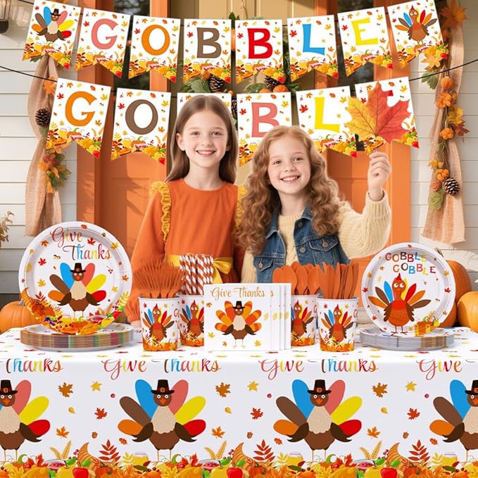 194Pcs Thanksgiving Party Tableware Decorations Supplies Turkey Paper Plates and Napkins Dinnerware Sets Thanksgiving Disposable Plates Set with Napkins and Tablecloth Serves 24