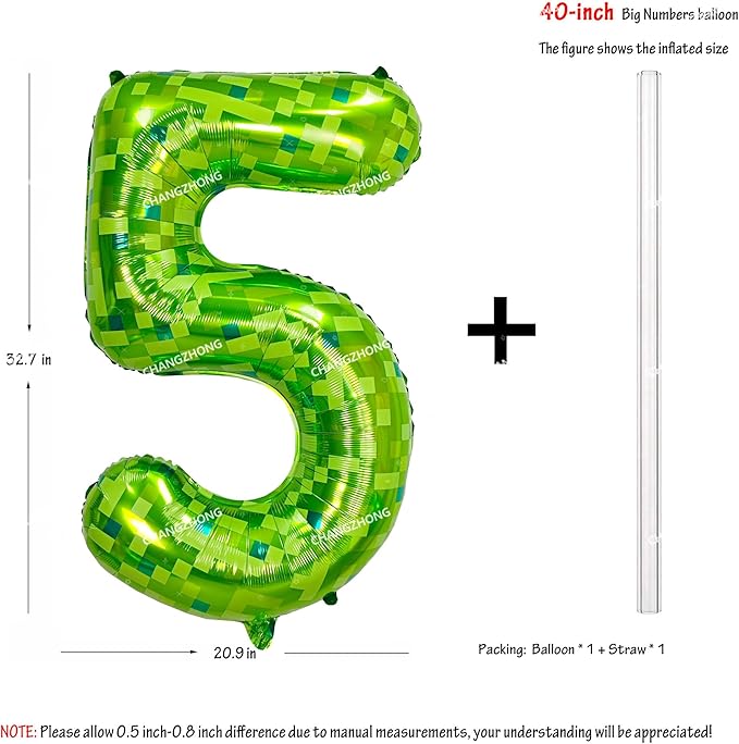 40 inch giant Green pixel miner game number 5 balloon Large mining theme foil balloon 0-9 Suitable for pixel game parties children's birthdays party anniversary celebrations baby shower decoration