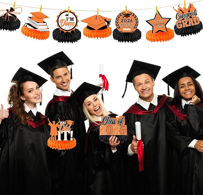 Yisong 9 Pieces 2026 Graduation Party Table Decorations Class of 2026 Congrats Graduation Centerpieces for Tables Congratulate Honeycomb Centerpiece Topper for Grad Party Supplies (Orange)