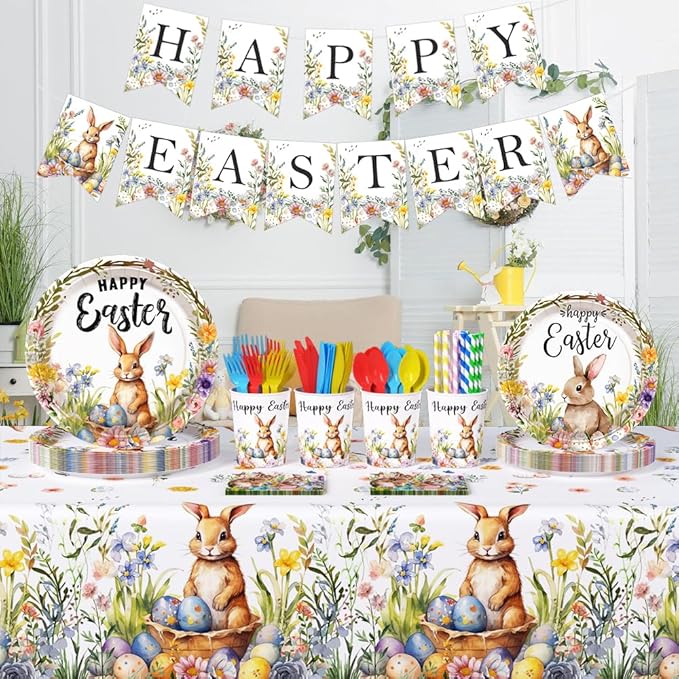 Easter Party Supplies, Happy Easter Party Tableware Set, Happy Easter Banner, Bunny Paper Plates Napkins Cups for Easter Spring Party Decorations