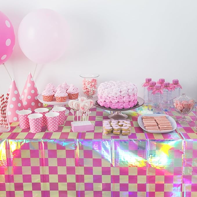3 Pack Pink and Iridescent Checkered Plastic Tablecloth, Shiny Disposable Laser Rectangle Table Covers, Holographic Foil Tablecloth Iridescent Party Decorations for Picnic Camping Outdoor, 54x108Inch
