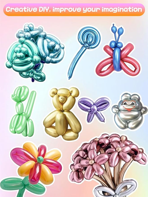 100 Pcs 260Q Balloons Kit with Pump - Kids Premium Latex Twisting Long Balloons to Make Animals Flowers, Metallic Assorted Balloons for Party Boys Girls Christmas Birthday Gifts Clowns Wedding Decor