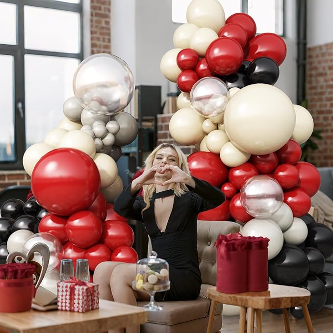 Ruby Red and Black Balloons Arch Kit, 124 Pcs Cartoon Birthday Decorations Balloon Garland, Black Dark Red Grey Nude Clear Balloons for Mouse 1st Birthday Clubhouse Decorations Party Supplies