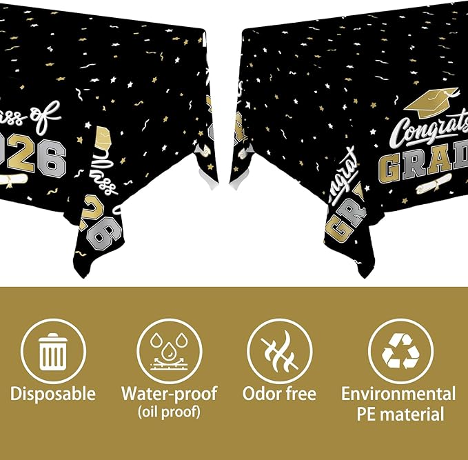 Gatherfun 2026 Graduation Decorations : 2-Pack Congrats Grad Disposable Tablecovers - Class of 2026 Black and Gold Themed Table Cloths, for Graduation Party Supplies & Graduation Backdrop, 54" X 108"